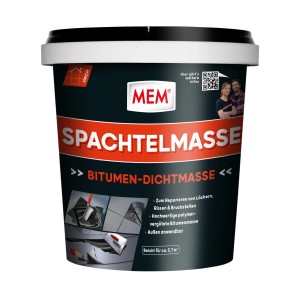 Eimer MEM Profi Spachtelmasse 1kg, Bitumen-Dichtmasse zum Reparieren von Rissen und Bruchstellen im Außenbereich.