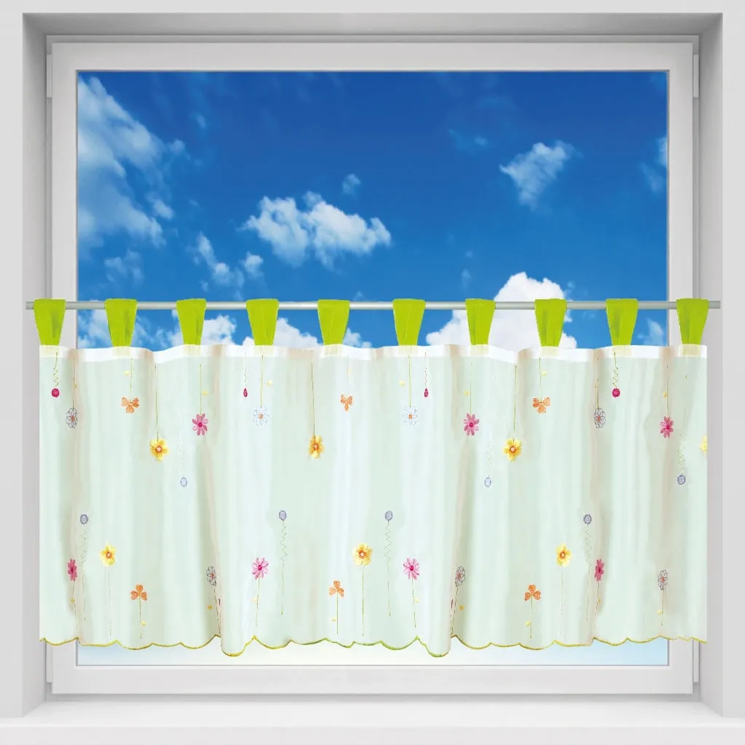 Grüne Bistrogardine mit Blumenmuster, 150x45 cm, mit Schlaufen zur einfachen Anbringung am Fenster.