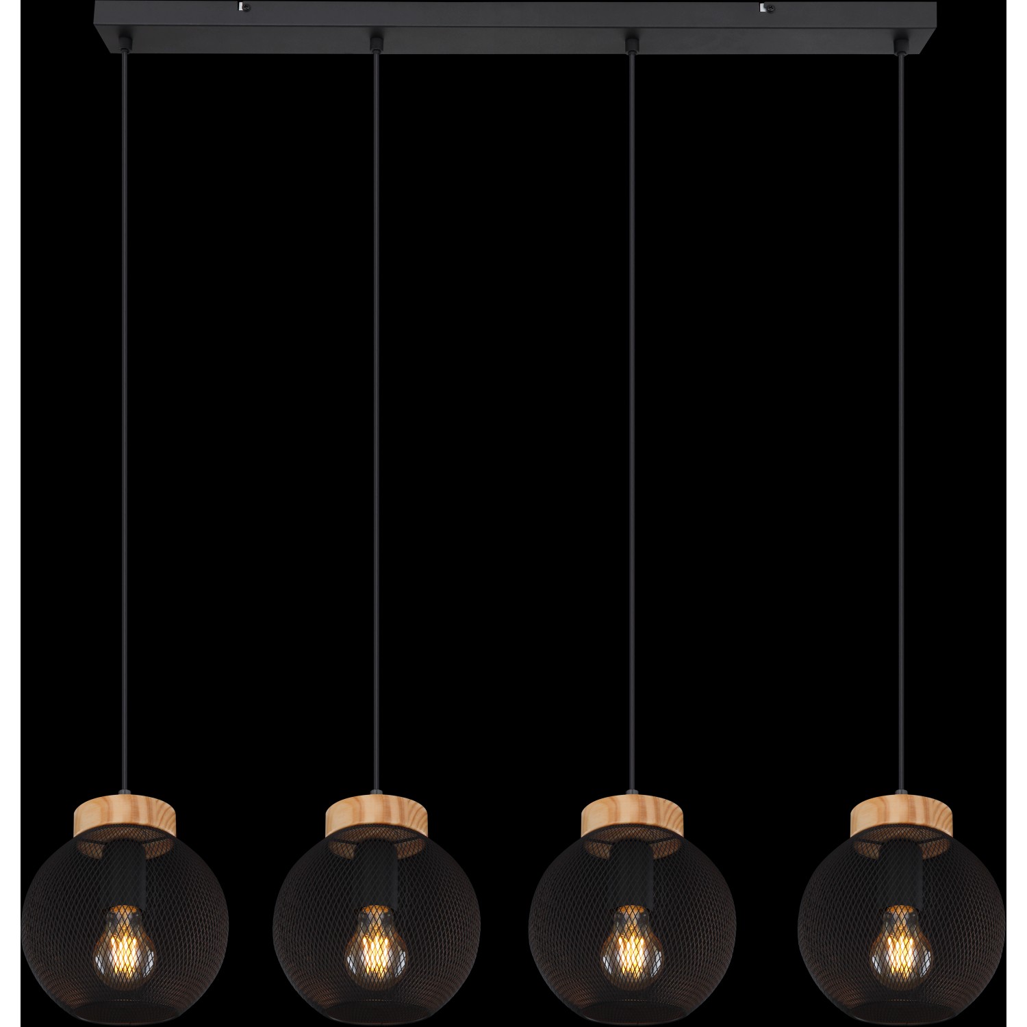 Globo Hängeleuchte Pablo, 4-flammig, schwarz matt, mit Holzdetails. Pendelleuchte für Wohnräume.