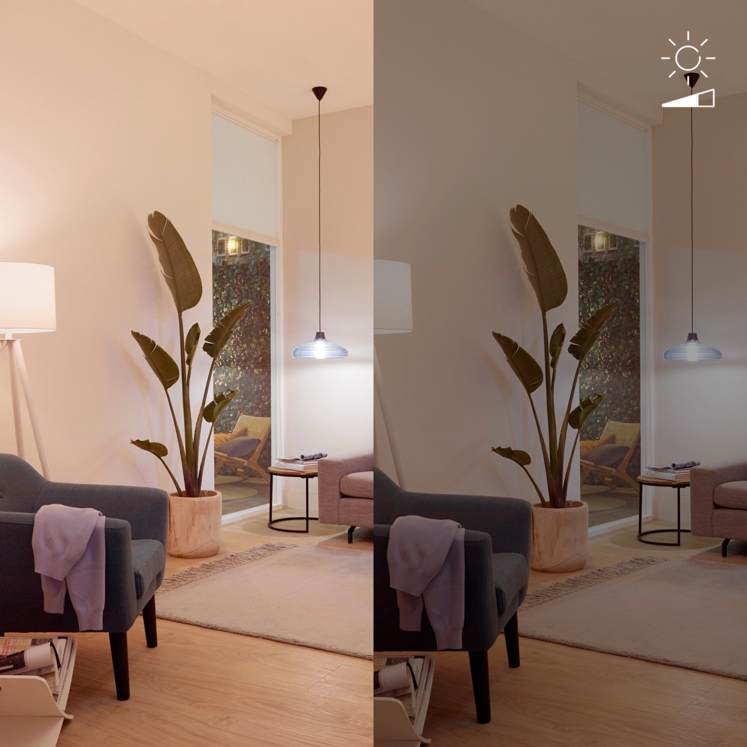 Philips Smart LED Lampe E27 in Wohnraum-Szene mit einstellbarer Helligkeit.