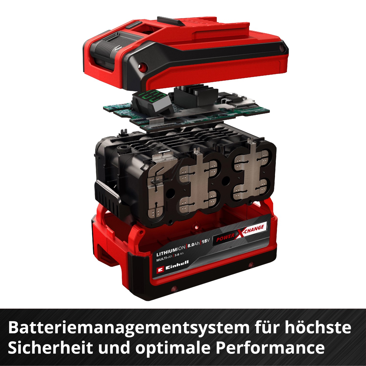 Explosionszeichnung: Einhell 18V 5-8Ah Akku, Power X-Change. Details zu Zellen und Batteriemanagement.