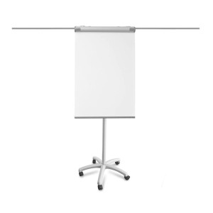 Weißes KARAT Flipchart Piranha PRO mit Sternfuß und Papierhaltern, höhenverstellbar.