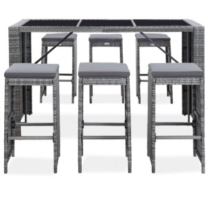 vidaXL Gartenbar-Set, 7-teilig, grau, mit Polyrattan-Tisch und Barhockern mit Auflagen.