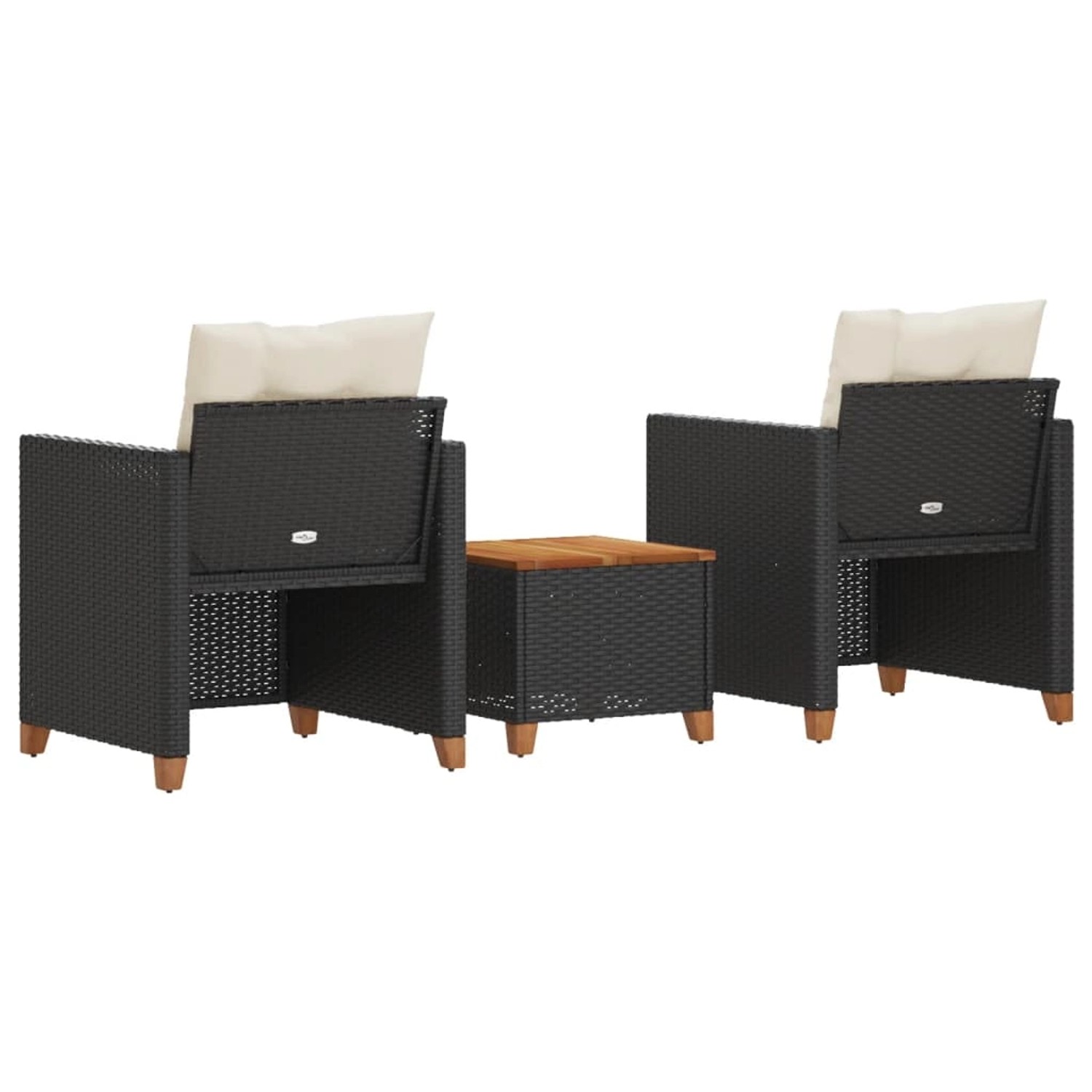 Schwarzes 3-tlg. Bistro-Set aus Rattan und Akazienholz mit Kissen für Garten oder Balkon.