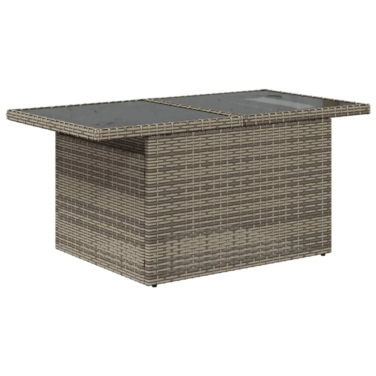 Gartentisch aus grauem Poly Rattan mit Glasplatte, Teil der vidaXL Garten-Sofagarnitur.