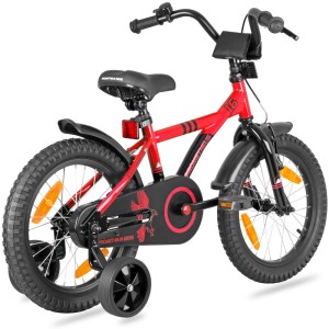 Rotes PROMETHEUS Kinderfahrrad 16 Zoll mit Stützrädern, Rücktrittbremse, Schutzblechen und Kettenschutz.