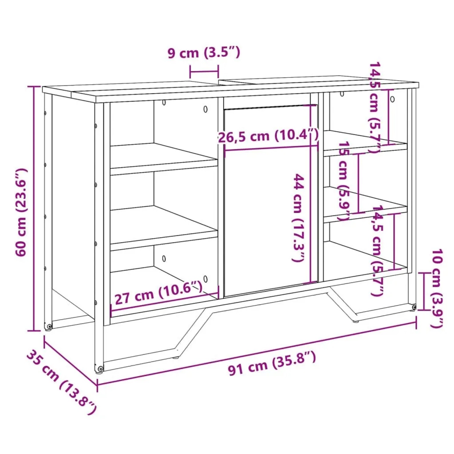 vidaXL Waschbeckenunterschrank in Braun Eichenoptik, 91x35x60 cm, mit Maßen und Fächern.