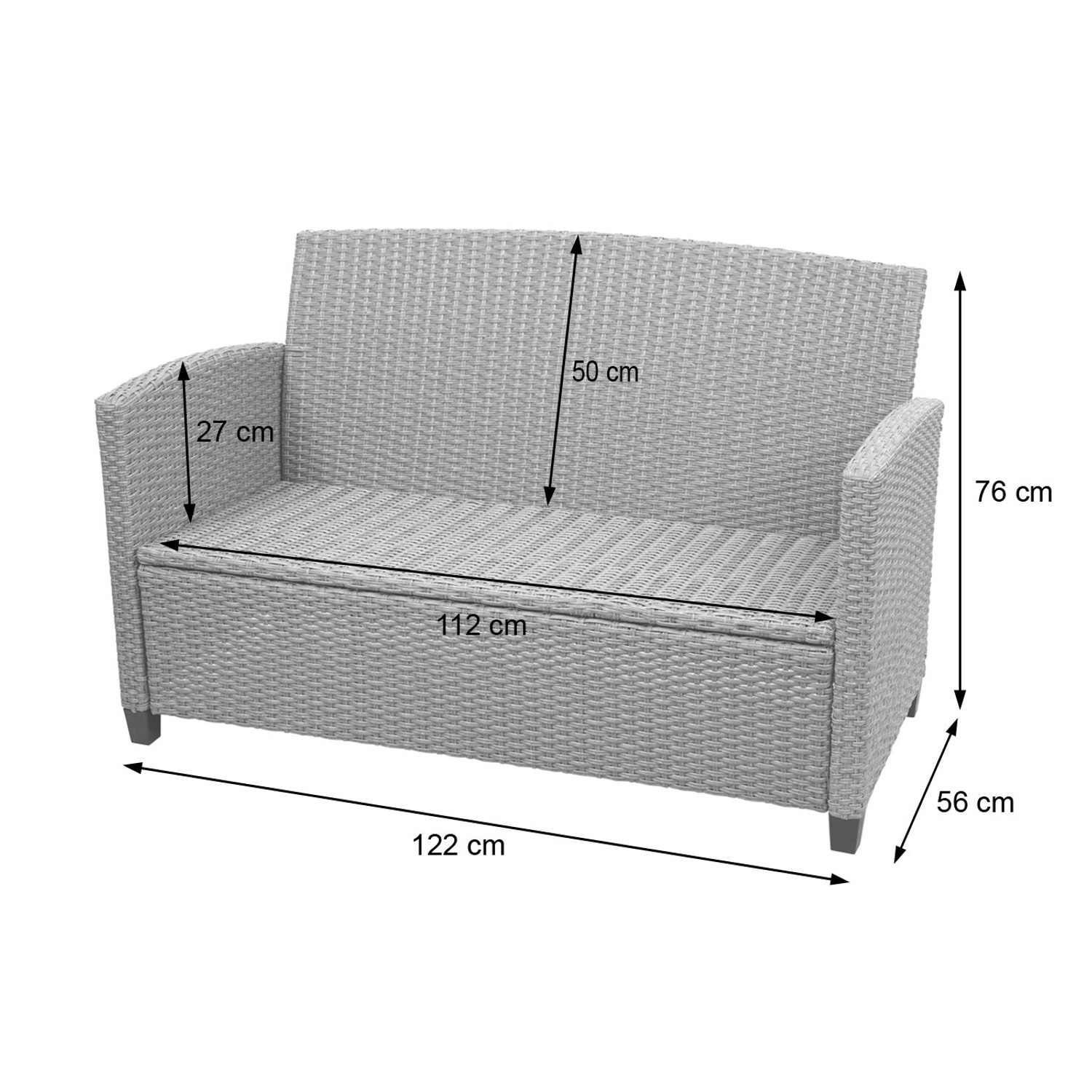 MCW XXL Poly-Rattan Gartenmöbel-Bank, grau-braun, mit Maßangaben.