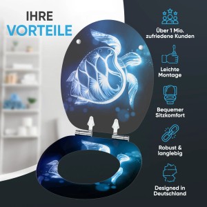 SANILO WC-Sitz Glow Turtle mit Absenkautomatik, Motiv: Leuchtende Schildkröte auf dunklem Grund.