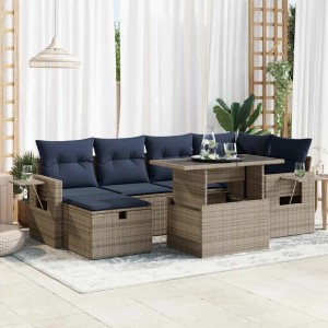 Graue 7-tlg. vidaXL Garten-Sofagarnitur aus Polyrattan mit marineblauen Kissen und Akazienholz-Akzenten.