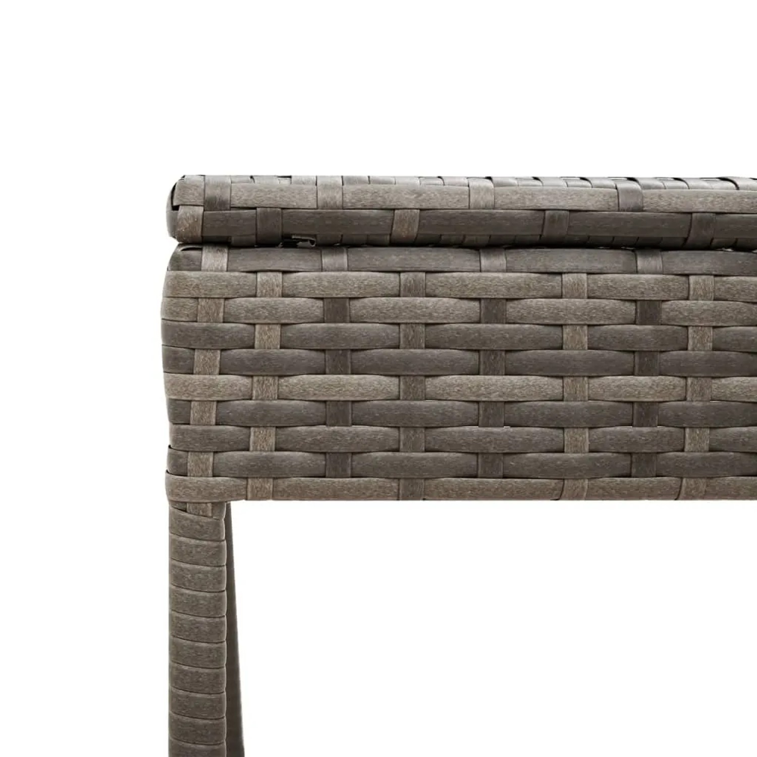 Detailaufnahme der grauen Poly Rattan Sonnenliege von vidaXL, Fokus auf die Flechtstruktur.