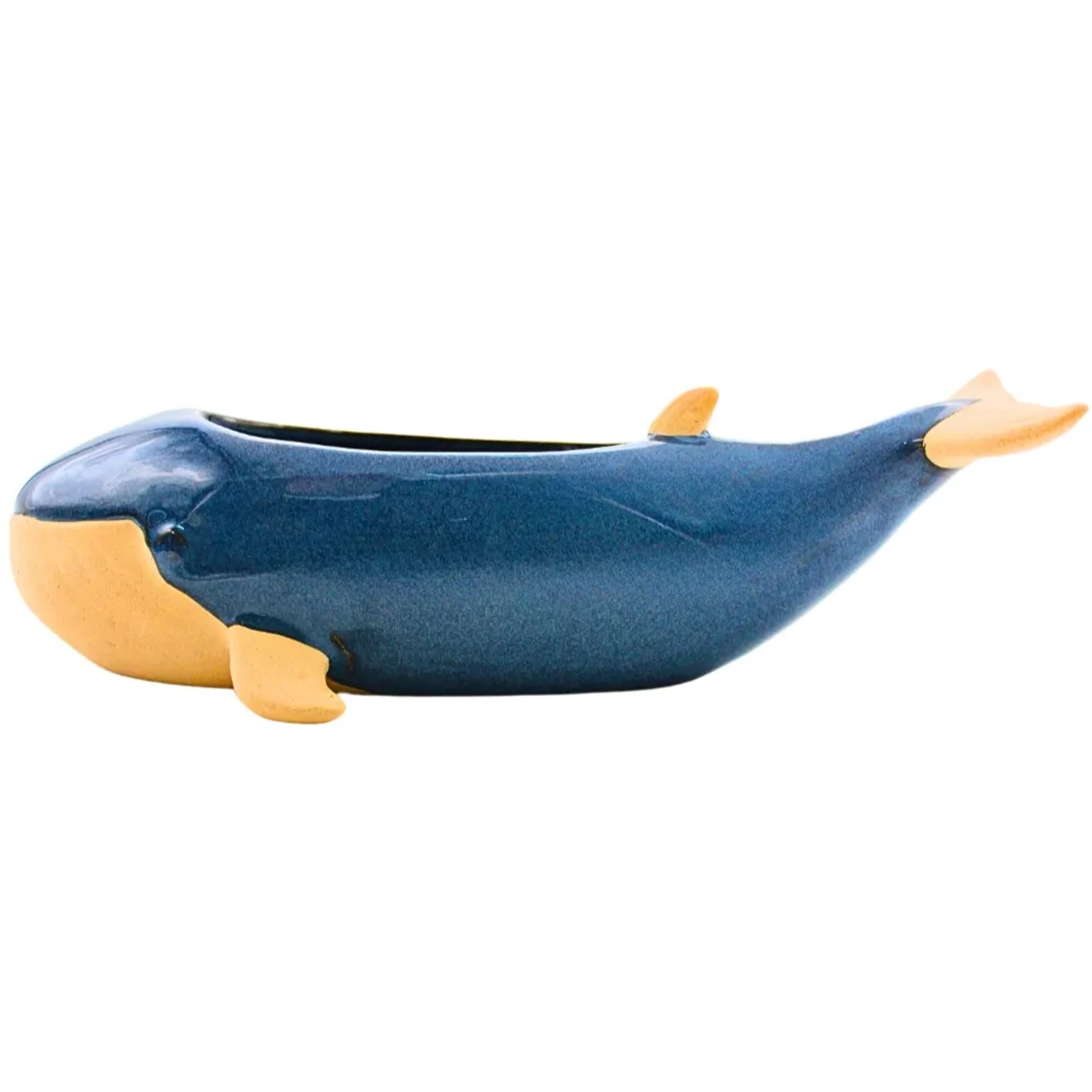 Dekohelden24 Übertopf Pflanztopf Pflanzgefäß Dekoschale aus Keramik als Wal in Blau Maße L/B/H ca 30 x 13 x 9 cm
