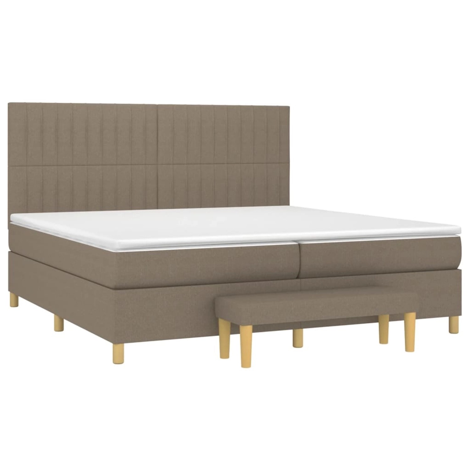 Boxspringbett mit Matratze und Bank in Taupe, Stoffbezug, 200x200 cm.