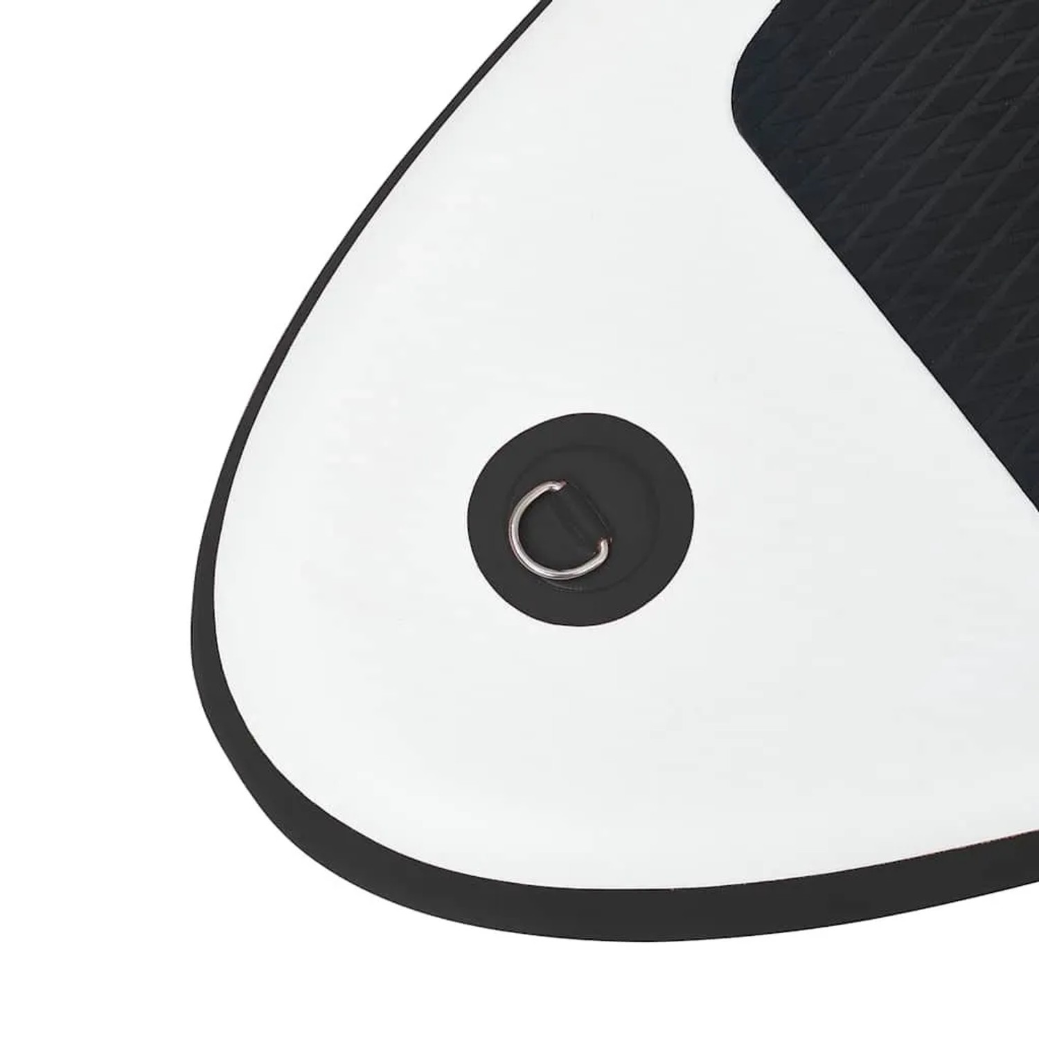 Detailaufnahme: Weißes SUP-Board mit schwarzem Rand und Befestigungsring.