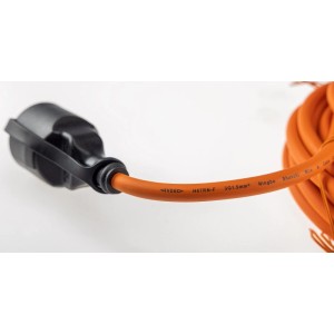 Orange ChiliTec Verlängerungskabel 15m IP44 mit schwarzem Stecker und Gummileitung H07RN-F.