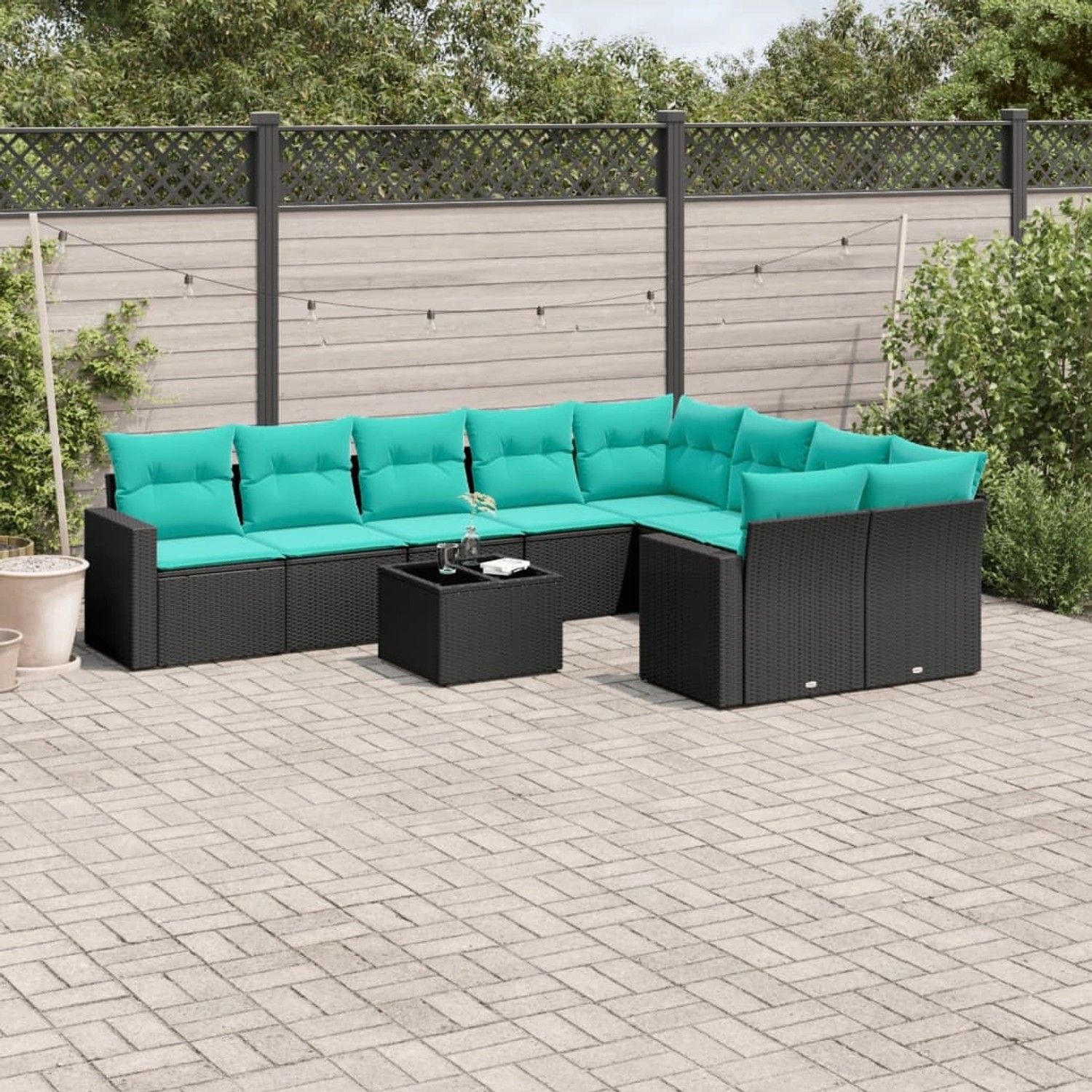 Schwarze 10-tlg. Garten-Sofagarnitur aus Rattan mit türkisen Kissen und Tisch. Gartenmöbel für Terrasse und Garten.