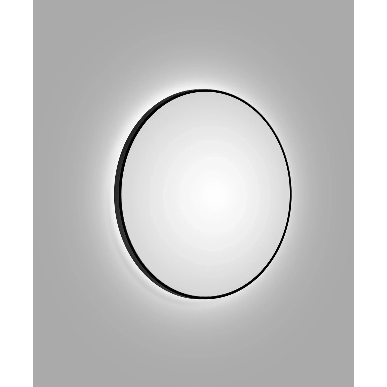 Runder DSK Design LED-Lichtspiegel Silver Globo, Ø 100 cm, mit schwarzem Rahmen.