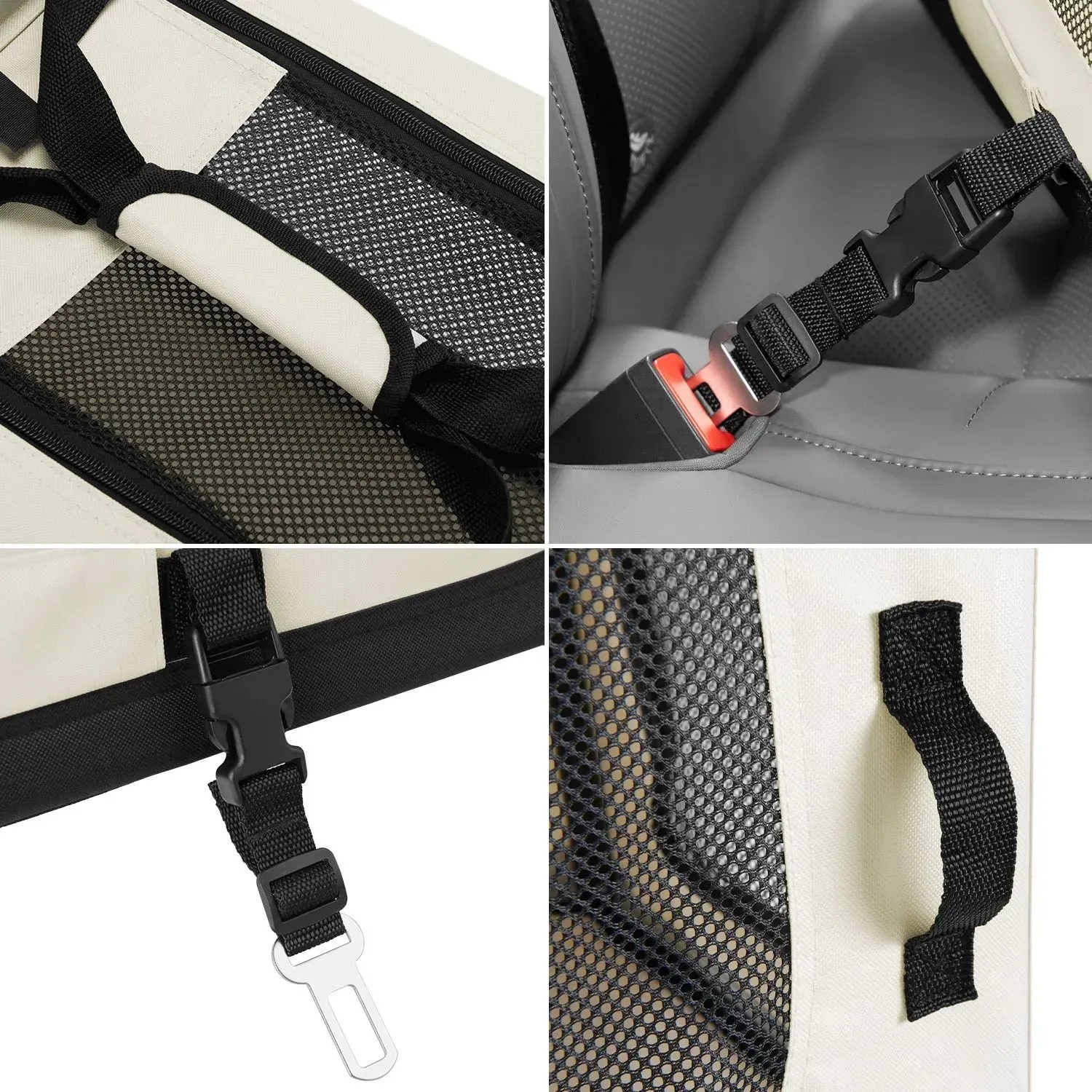 Detailansicht: Juskys Faltbare Hundetransportbox Lassie M Beige mit Netzfenster, Gurtbefestigung und Tragegriff.