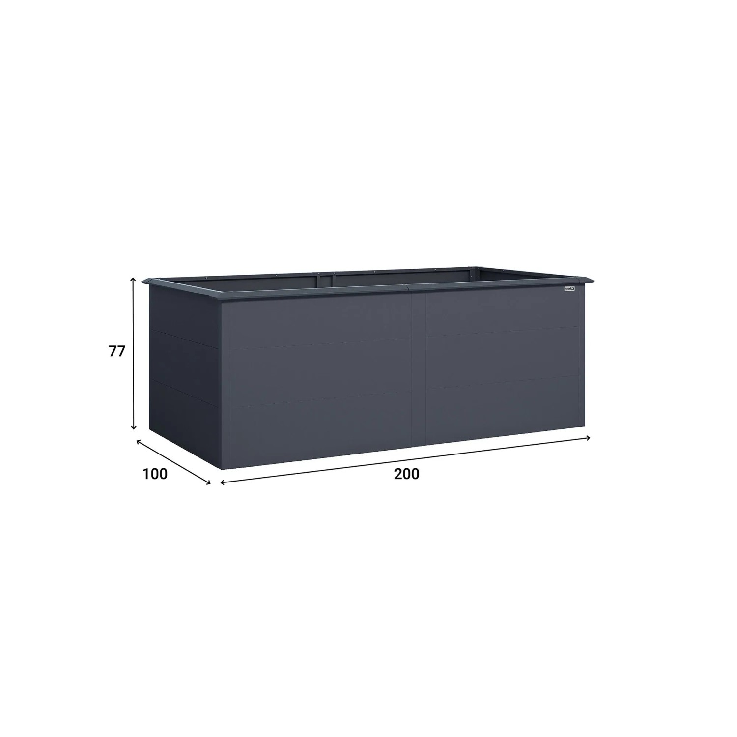 Weka Metall-Hochbeet Gary XL, 200x100x77 cm, anthrazit, mit Maßangaben.