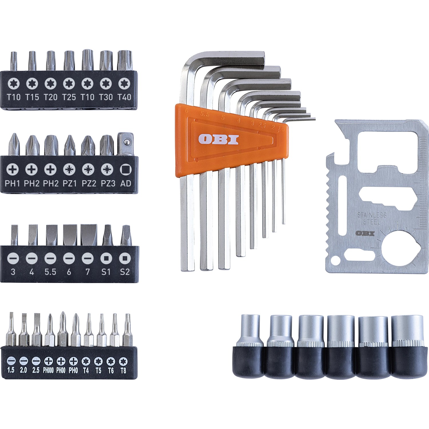 OBI Werkzeug-Adventskalender: Werkzeugset mit Bits, Inbusschlüsseln und Steckschlüsseln.