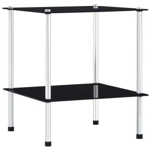 Schwarzes vidaXL Regal mit 2 Glasablagen und Edelstahlgestell, 40x40x47 cm.