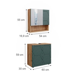 Vicco Badmöbel-Set Irma, 2-teilig, Eiche/Grün: Unterschrank (60cm) und Spiegelschrank mit Maßen.