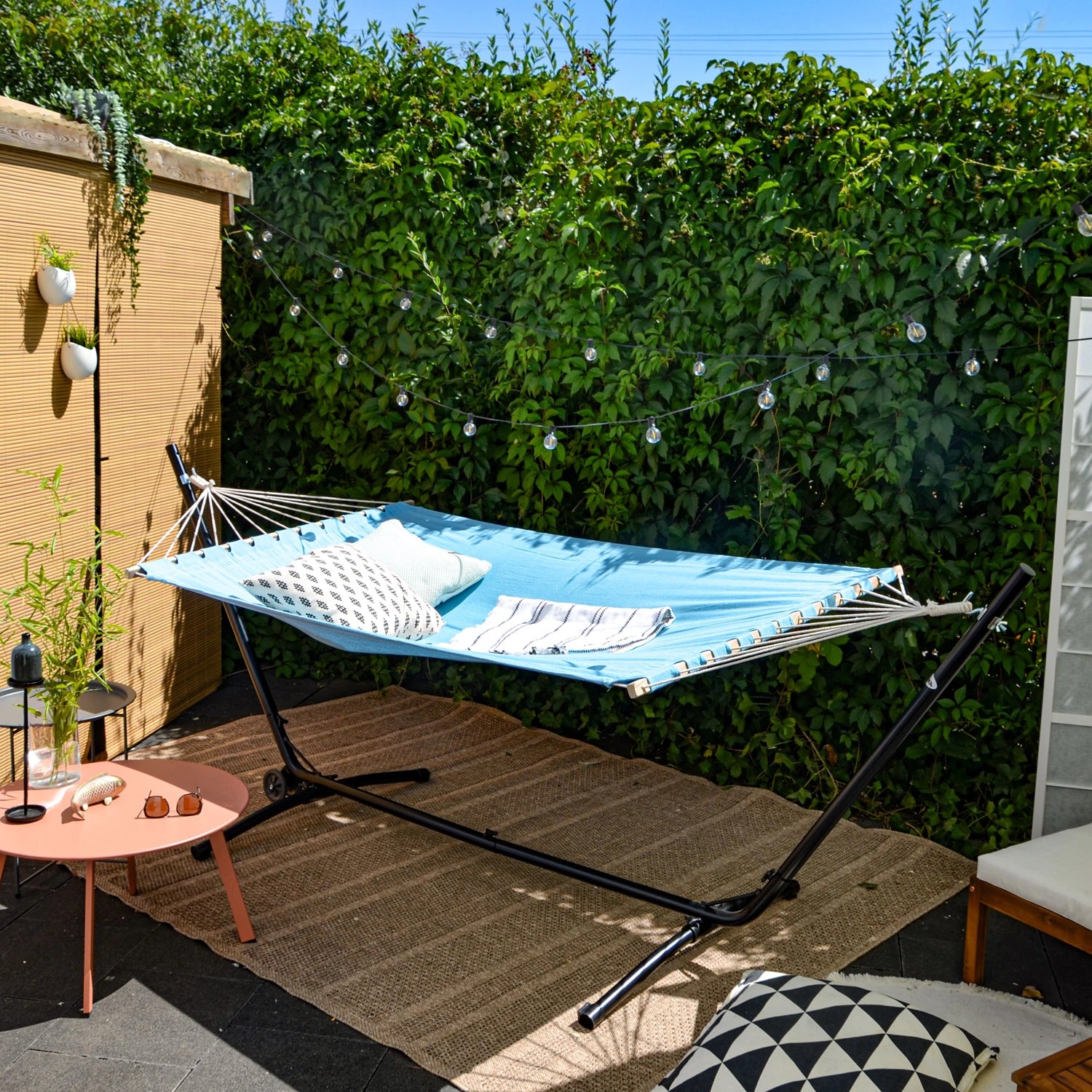 AMANKA DoppelHängematte Blau 200 x 120 cm mit Gestell auf Rollen