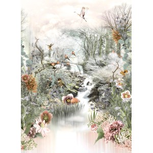Komar Fototapete Fable mit Wald, Wasserfall, Blumen und Vögeln.