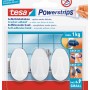 Tesa Selbstklebehaken, 3 ovale Haken mit Powerstrips, bis 1 kg Halteleistung, spurlos ablösbar.