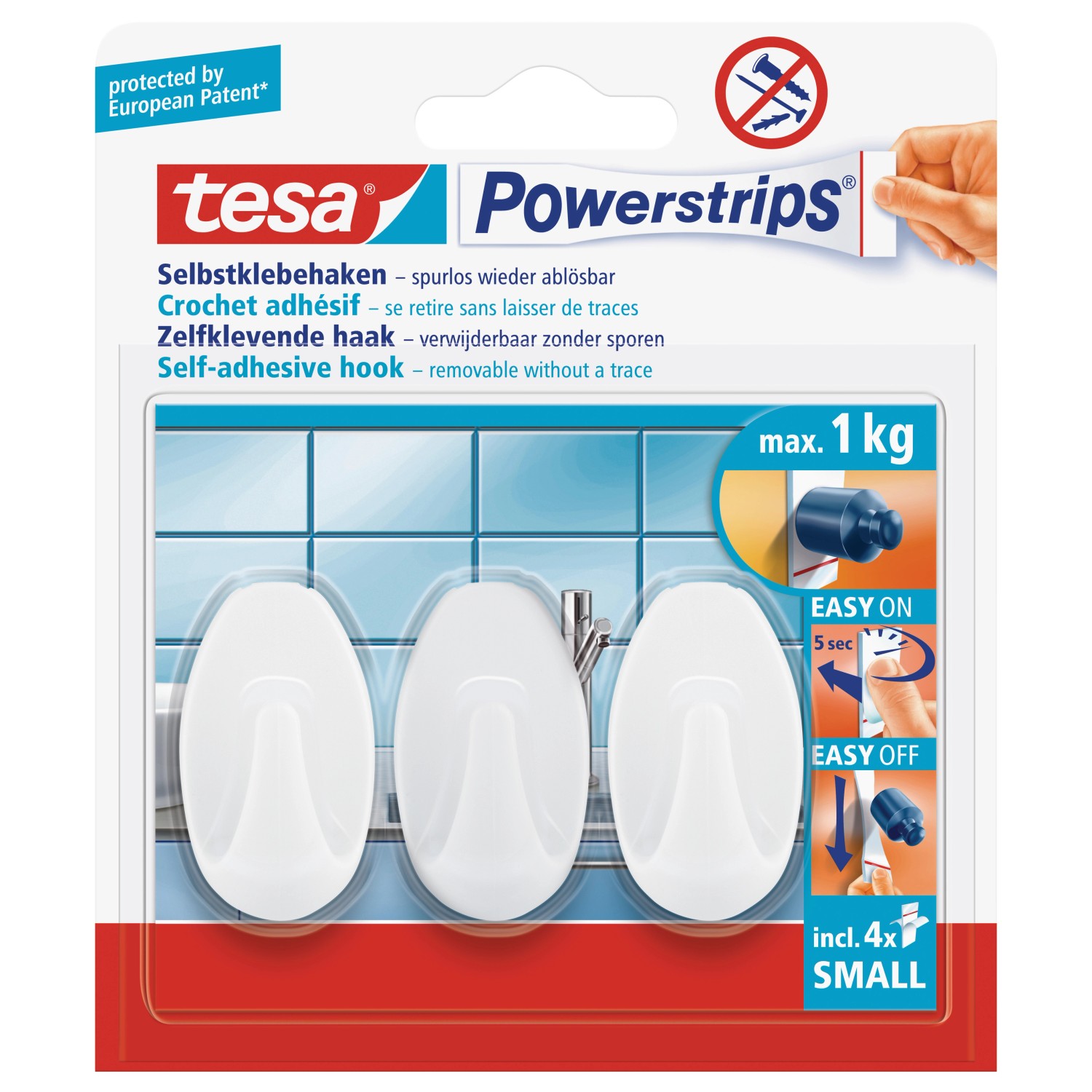 Tesa Selbstklebehaken Weiß oval 3 Stück mit 4 x Powerstrips Small
