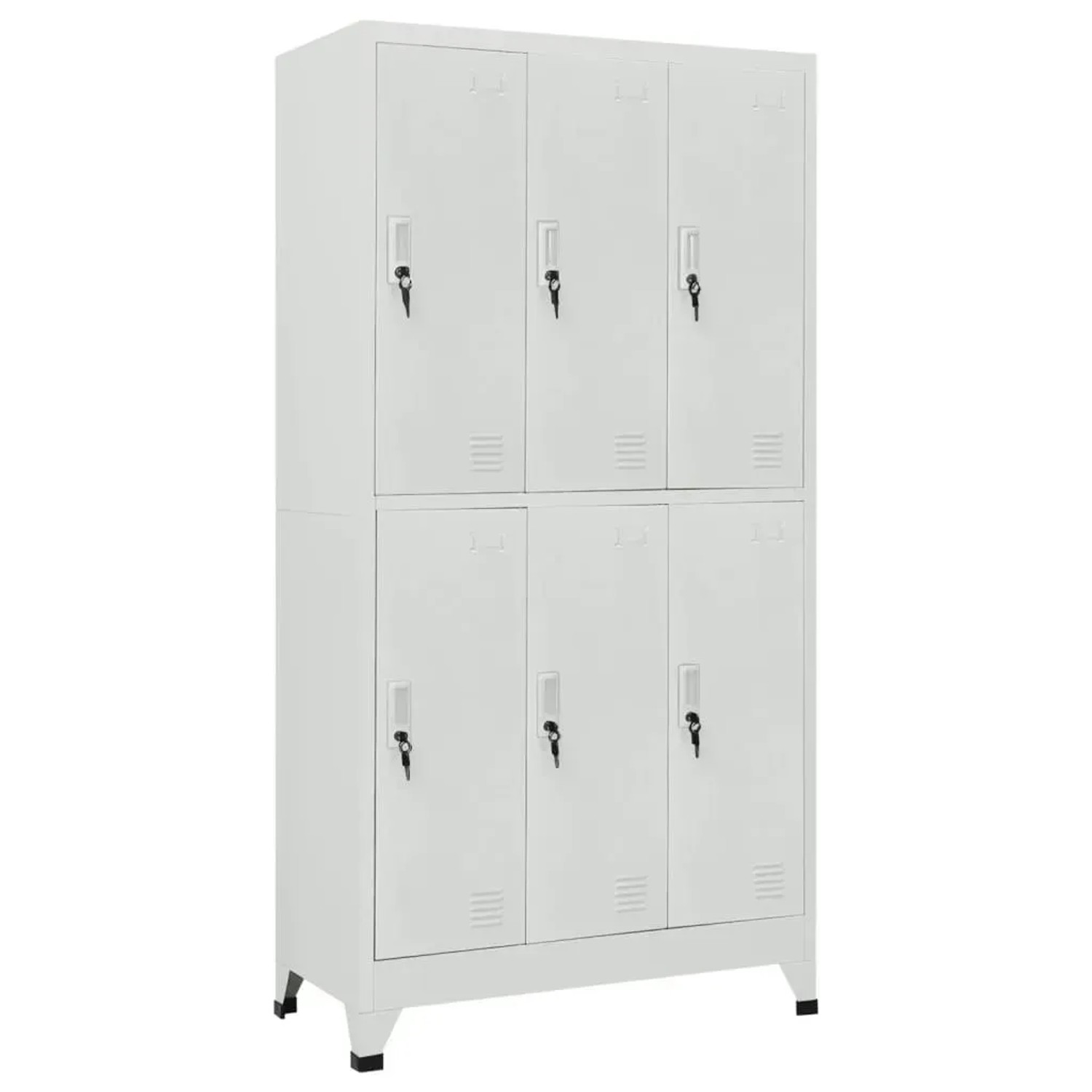 Grauer Schließfachschrank aus Stahl mit 6 Fächern, ideal für Büro oder Umkleideraum.