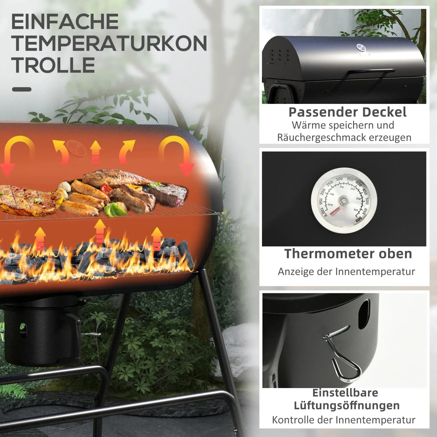 Outsunny Holzkohlegrill, schwarz, mit Deckel, Thermometer und Rädern. Grill mit Holzkohle und Speisen.