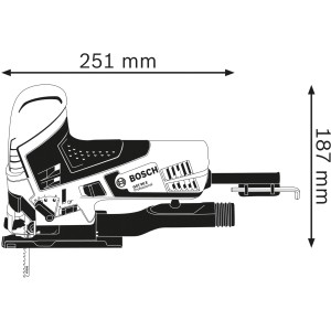 Technische Zeichnung der Bosch Professional Stichsäge GST 90 E mit Maßangaben.
