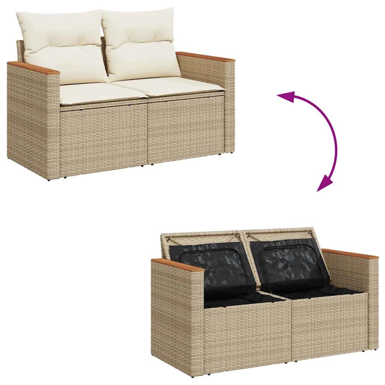 Beige 6-tlg. Garten-Sofagarnitur aus Rattan mit Kissen und Stauraum.