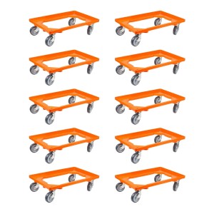 Set aus 10 orangefarbenen PROREGAL Transportrollern für Euroboxen 60x40 cm mit Gummirädern.