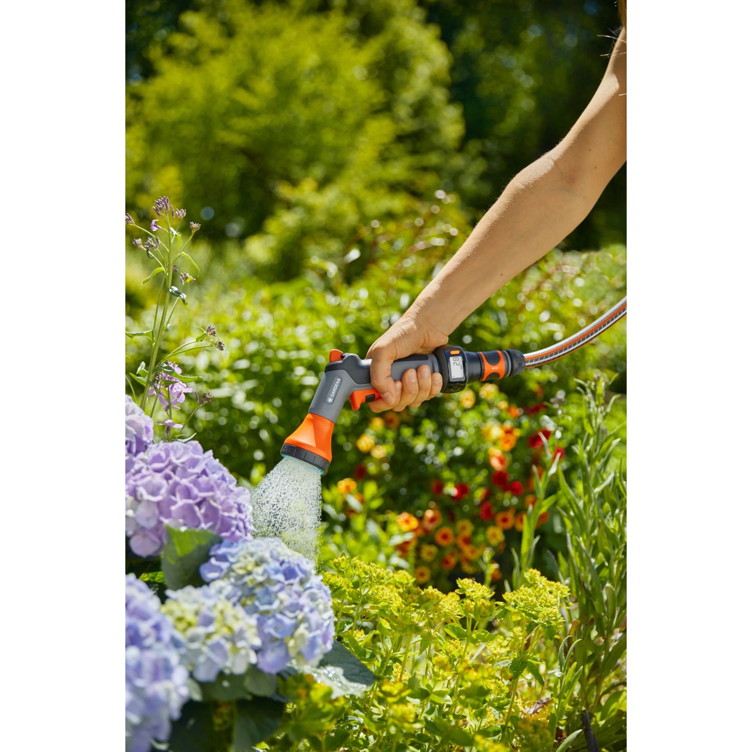 Gardena AquaCount Bewässerungsbrause in Aktion beim Blumengießen im Garten.