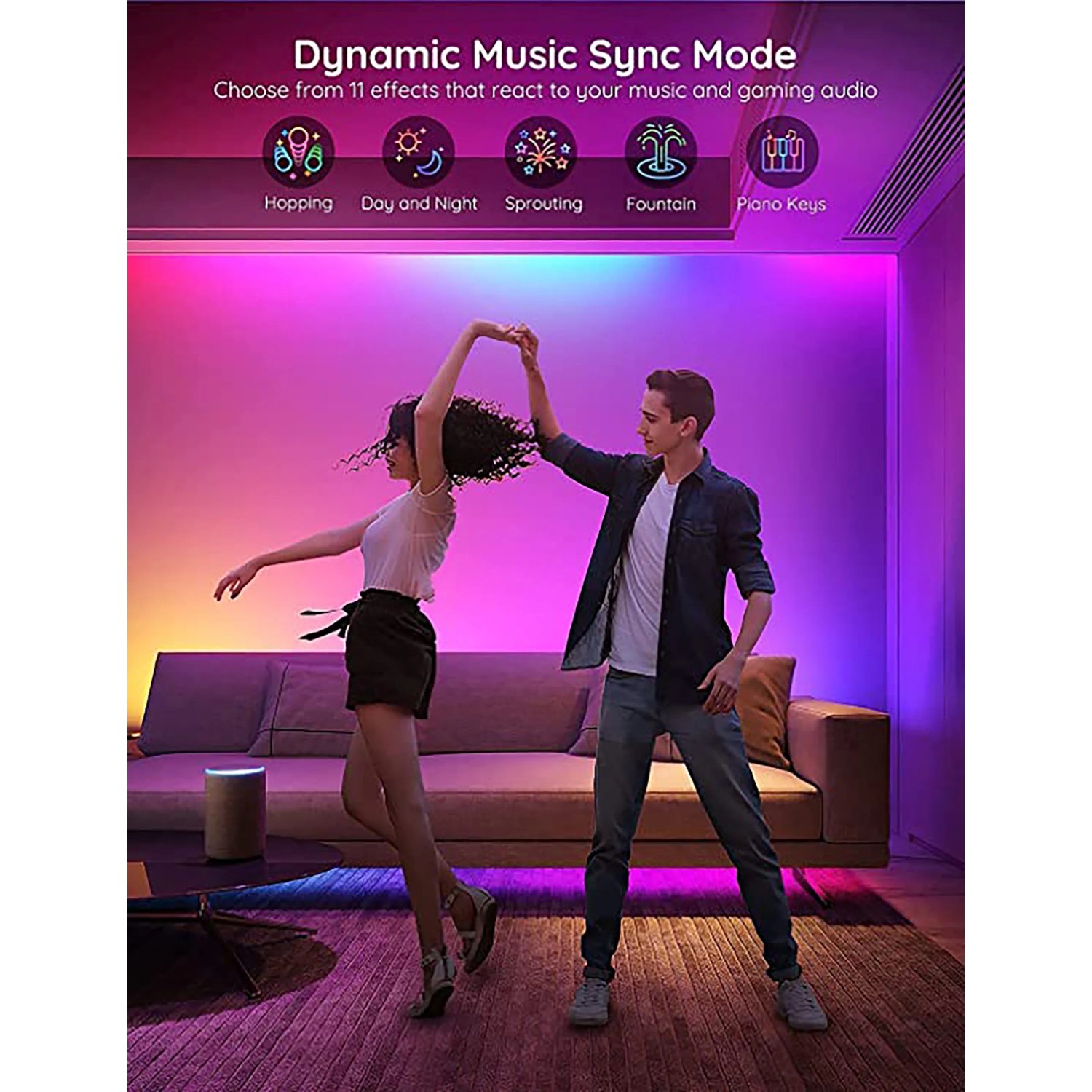 Govee RGBIC LED-Leuchtstreifen 5m im Wohnzimmer mit dynamischer Musik-Synchronisation.