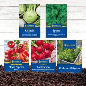 Gemüsesamen-Set für Hochbeet: Kohlrabi, Spinat, Paprika, Radieschen + Ratgeber für die Gemüsevielfalt.