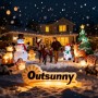 Outsunny aufblasbarer Lebkuchenmann mit Zuckerstange, beleuchtet, in festlicher Winterlandschaft mit Familie.
