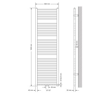 Technische Zeichnung: Weißer ECD Germany Badheizkörper 500x1800 mm mit Eck-Anschlussgarnitur.