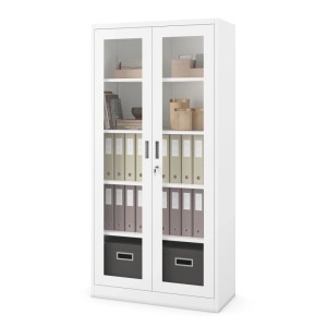 Weißer JAN NOWAK Aktenschrank AMELIA, Vitrinenschrank mit Glastüren, gefüllt mit Ordnern und Büromaterial. Abschließbar.