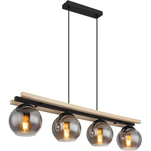 Moderne 4-flammige Pendelleuchte in Schwarz matt mit rauchfarbenen Glasschirmen.