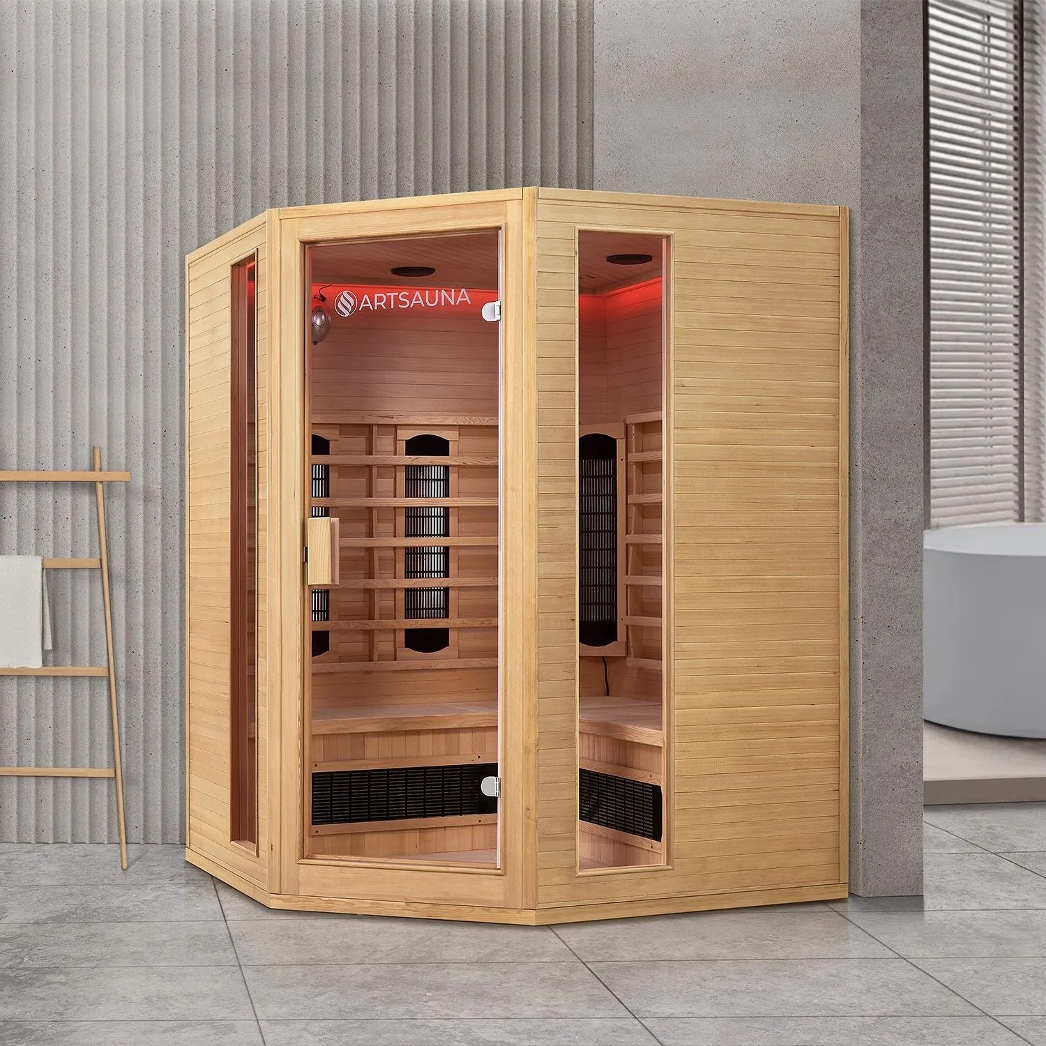 Artsauna Infrarotkabine Nyborg E150K aus Hemlockholz mit Keramikstrahler für 4 Personen.