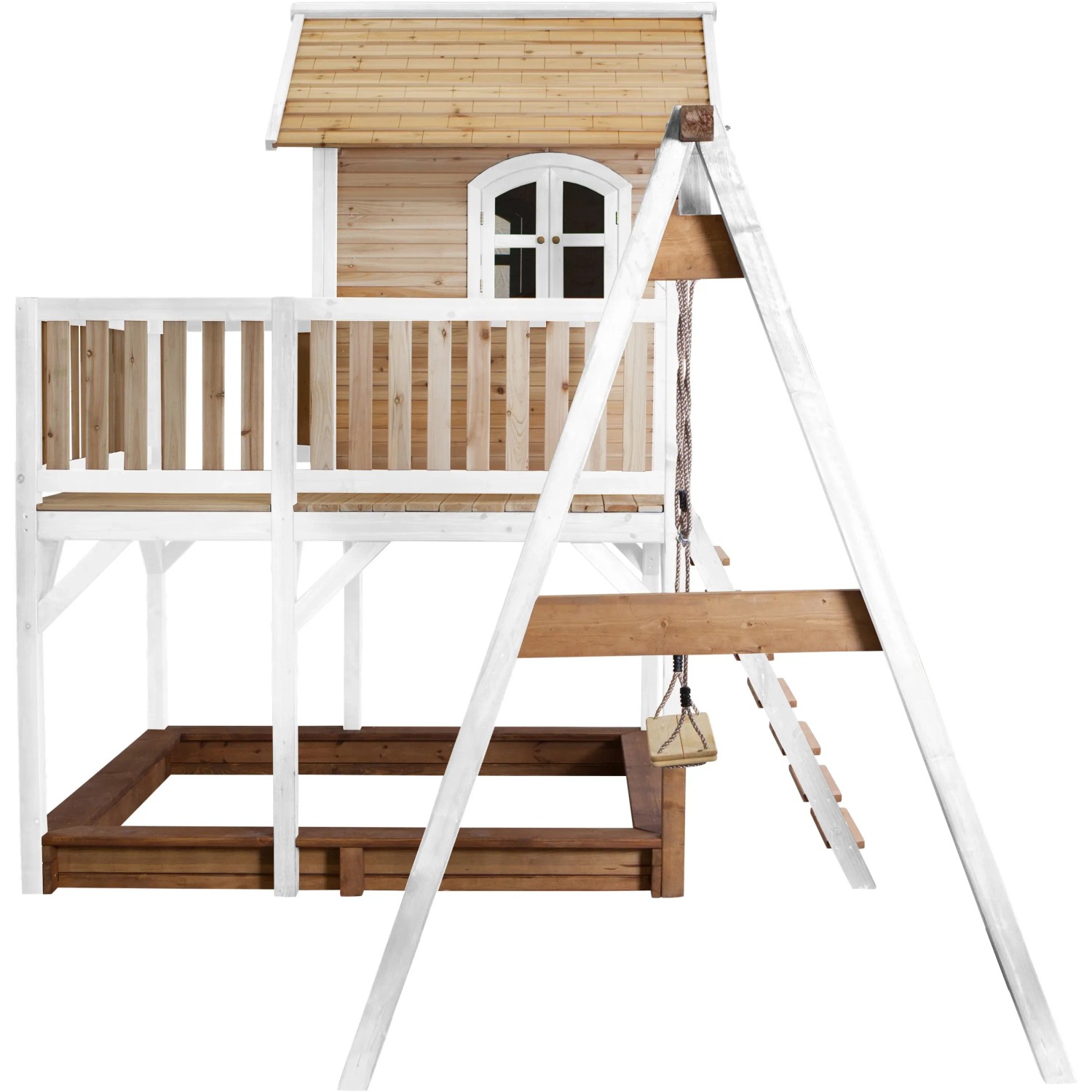 Axi Liam Spielhaus mit Schaukel, Rutsche, Sandkasten, Holz, braun-weiß.