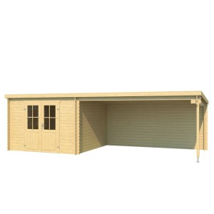 Lasita Gartenhaus St Louis, 681x292 cm, unbehandelt. Holzgartenhaus mit Anbau und Doppeltür.