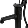 Schwarze Handschwengelpumpe aus Grauguss, ideal als Dekoration oder zur Wasserförderung im Garten.