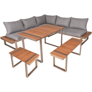 Garden Pleasure Lounge-Eckgruppe Aurea, 6-teilig, grau-braun, mit Tisch, Bänken und Eckteil.
