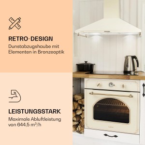 Klarstein Victoria 90 Dunstabzugshaube 90cm, Creme, Retro-Design mit Bronze-Elementen, LED-Licht, in Küche.