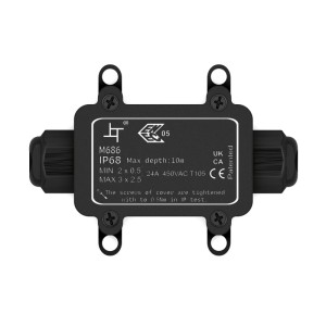 Schwarze, wasserdichte IP68 Abzweigdose mit 2 Wegen für Kabel. Ideal für Elektroinstallationen Outdoor.