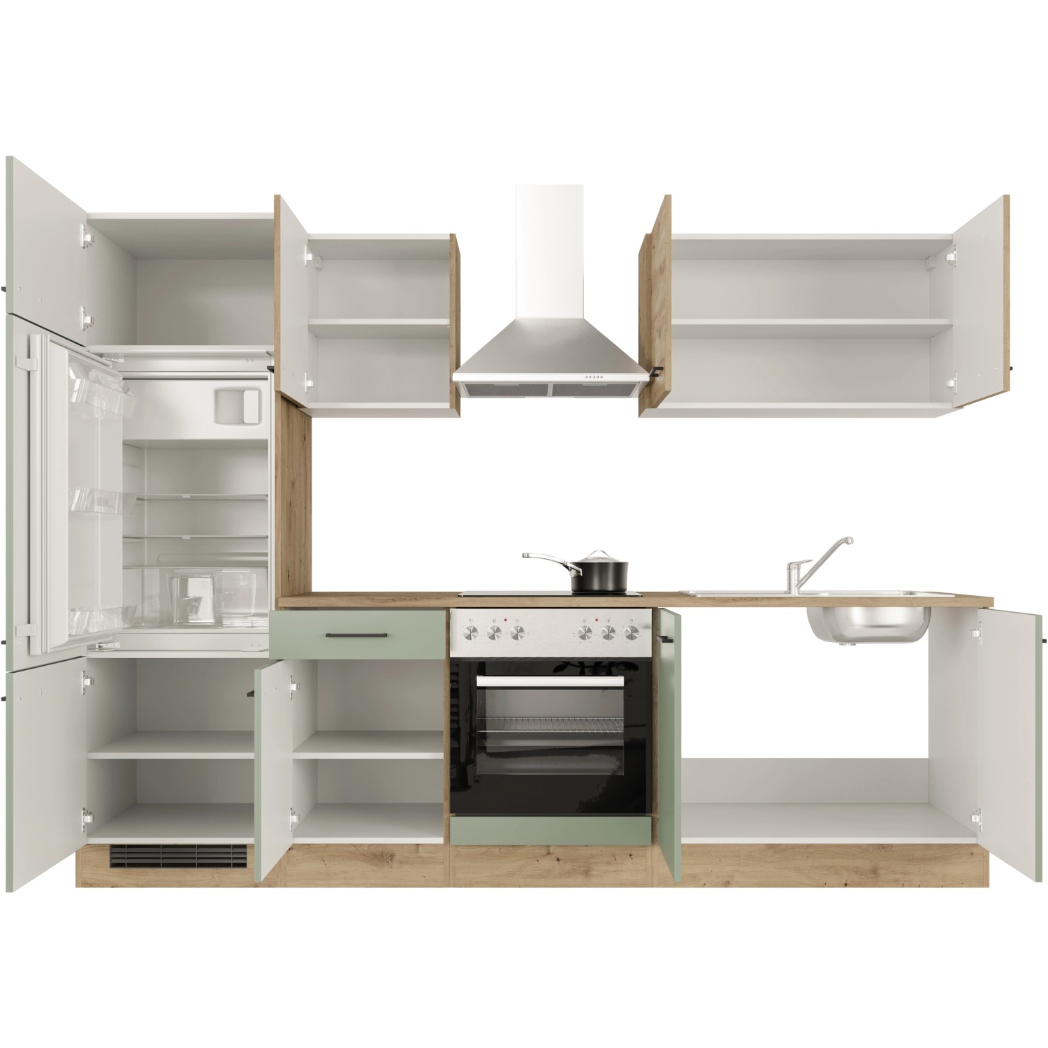 Flex-Well Küchenzeile Cara 270 cm in Schilfgrün/Artisan Eiche mit E-Geräten und Spüle.